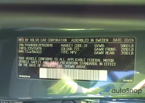 2024 Volvo Xc60 Recharge Plug-In Hybrid T8 Core Dark Theme from USA, damaged, VIN YV4H60DK2R1929818